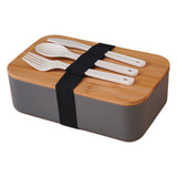 Square Lunch Box Wooden Lid Japanese Bento Box with Cutlery Food Container Grey