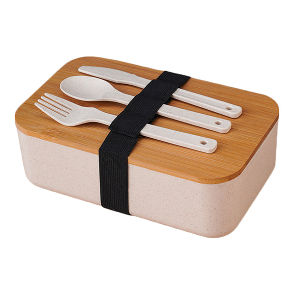 Square Lunch Box Wooden Lid Japanese Bento Box with Cutlery Food Container White