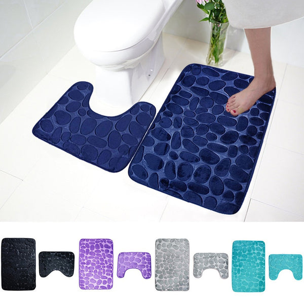 2 Pieces Pebbles Design Bath Mat Set U-Shaped Non-Slip Floor Rugs Bathroom Floor Pads Bathroom Carpets
