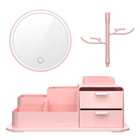 Cosmetics Storage Box with LED Makeup Mirror Pink