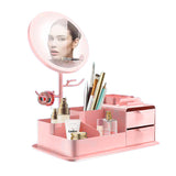 Cosmetics Storage Box with LED Makeup Mirror Pink