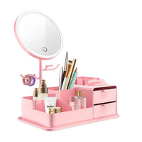 Cosmetics Storage Box with LED Makeup Mirror Pink