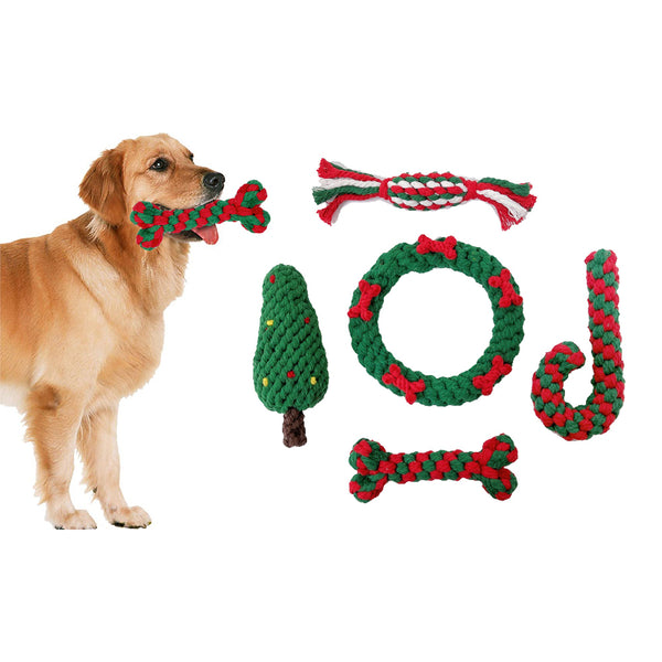 5 Pcs Dog Rope Chew Toys Kit Pet Puppy Cotton Teething Toy Christmas Style