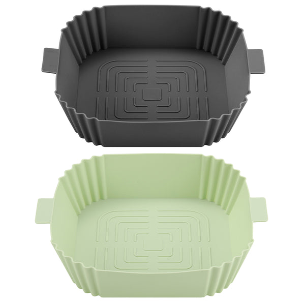2-Piece Set Reusable Square Air Fryer Silicone Pots Oven Baking Trays Grey and Green