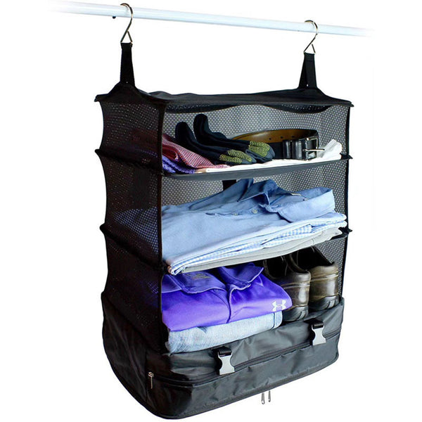 3 Layer Portable Travel Storage Bag Hook Hanging Organizer Wardrobe Clothes Rack