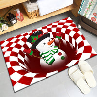 3D Vortex Chequered Pattern Optical Illusion Christmas Floor Rug -Snowman Style