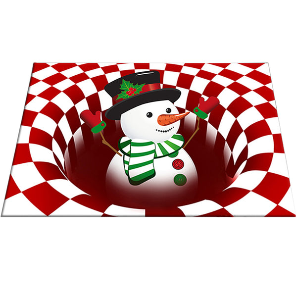 3D Vortex Chequered Pattern Optical Illusion Christmas Floor Rug -Snowman Style