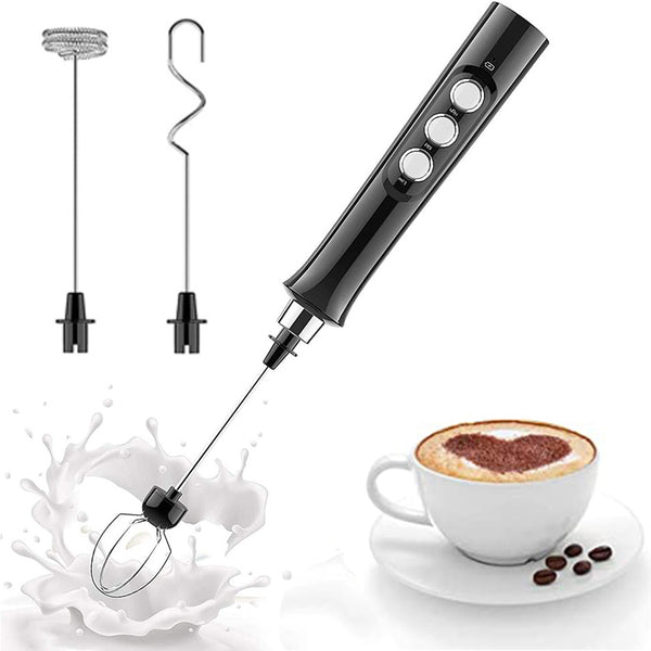 3 in 1 Handheld Electric Milk Frother USB Rechargeable Drink Coffee Mixer Foam Maker with 3 Whisks-Black