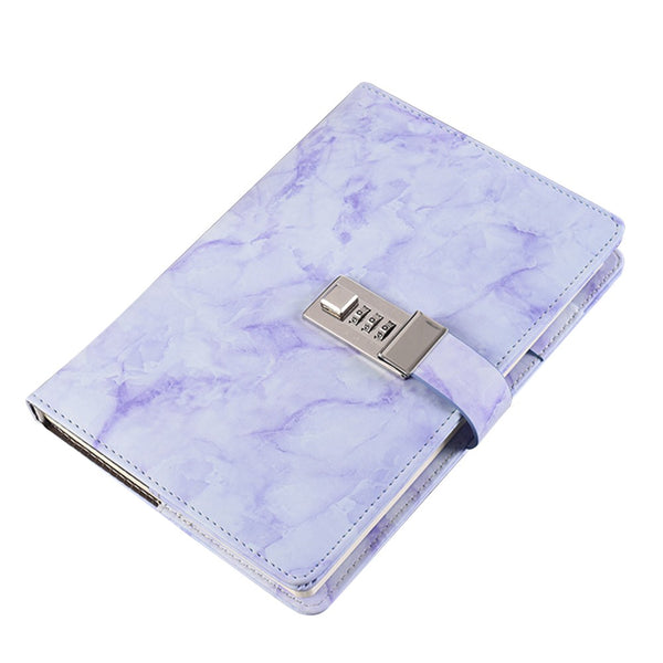 FancyGrab PU Leather Marble Diary with Combination Lock Secret Journal Notebooks for Girls Women Purple