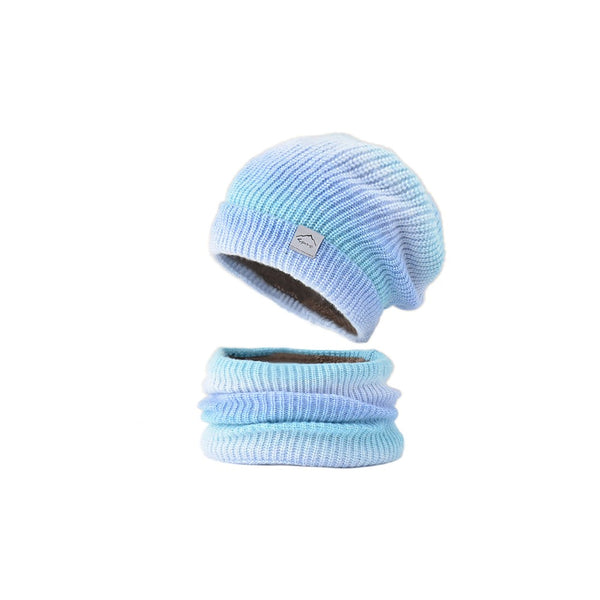 Fleece-Lined Gradient Hat with Snood Blue