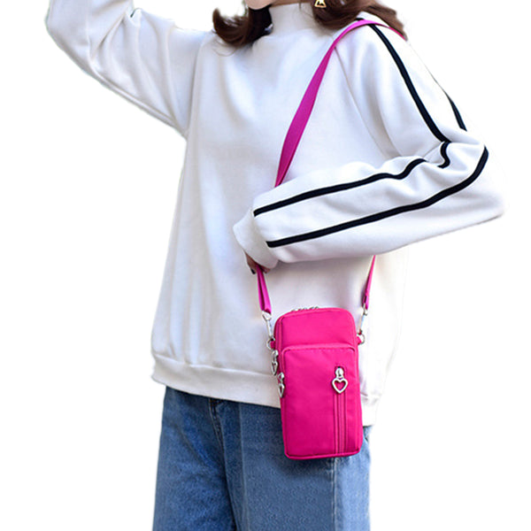 Nylon Multi-Pocket Phone Crossbody Bag Rose Red