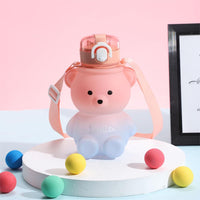 Cute Bear Water Bottle with Drinking Straw Pink