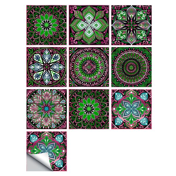 10Pcs Mandala Pattern Tile Wall Stickers Water Resistant Wallpaper Removable Decal for Kitchen Bathroom-Style 2