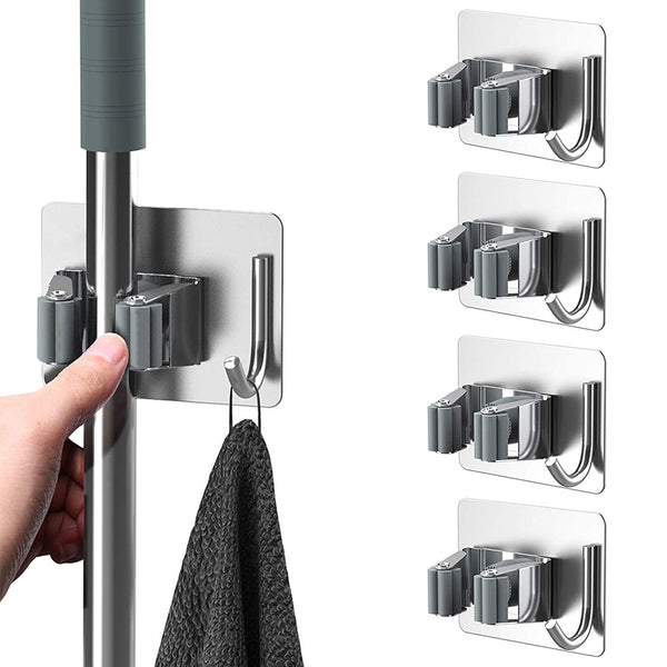 4Pcs Mop Holder with Side Hook Punch Free Wall-mounted 304 Stainless Steel Bathroom Wall Hanging Mop Broom Storage Clip for Daily Use - Silver