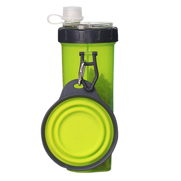 2 in 1 Portable Pet Dog Food Container Water Bottle with Collapse Bowls Outdoor for Traveling Green