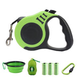 Retractable Dog Leash Extendable 5m With Folding Bowl Dispenser And Waste Bags Green