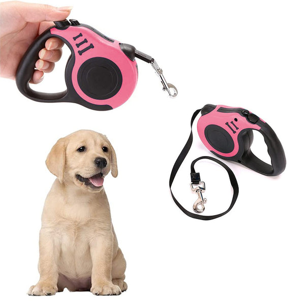 Retractable Dog Leash Extendable 5m With Folding Bowl Dispenser And Waste Bags Pink