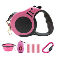 Retractable Dog Leash Extendable 5m With Folding Bowl Dispenser And Waste Bags Pink