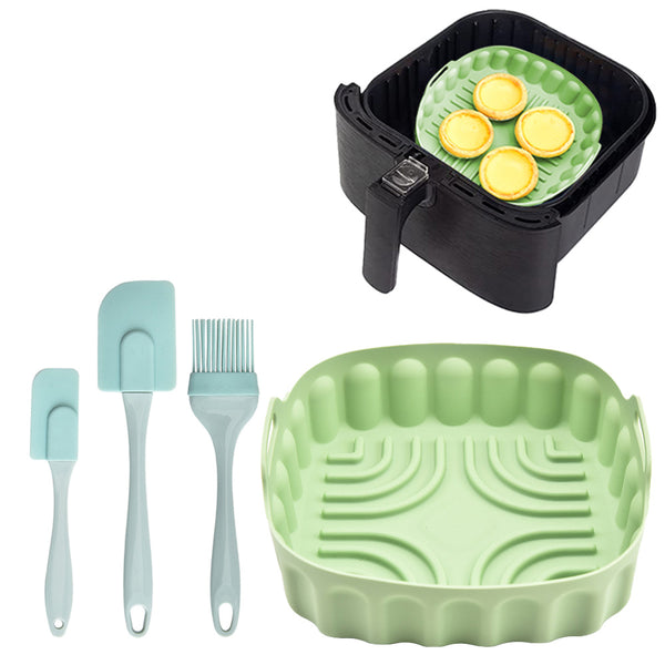 FancyGrab Reusable Air Fryer Silicone Pot Baking Tray Air Fryer Liner Pizza Oven Basket with 3Pcs Baking Tool Set Green