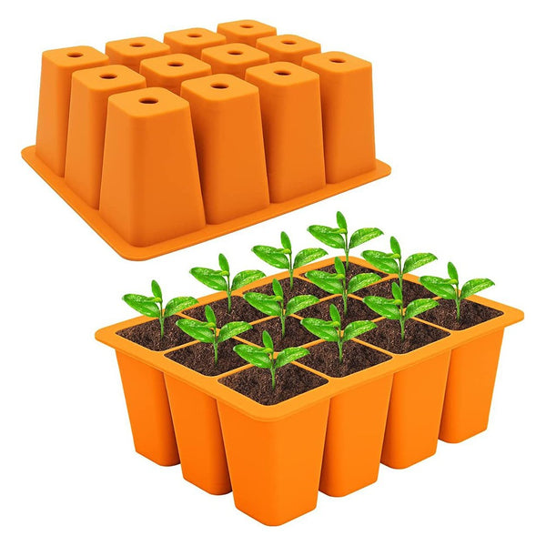 12-Cell Seedling Pots Tray Reusable Silicone Seedling Pot Orange