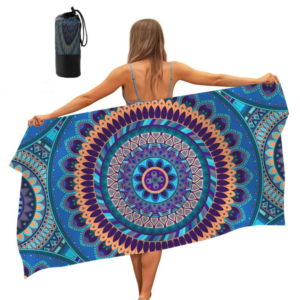 Blue Mandala Printed Quick Dry Beach Towel Sand Free Beach Blanket 80 x 160cm Beach Mat with Storage Bag