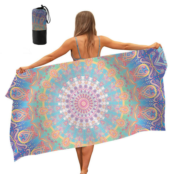 Purple Mandala Printed Quick Dry Beach Towel Sand Free Beach Blanket 80 x 160cm Beach Mat with Storage Bag