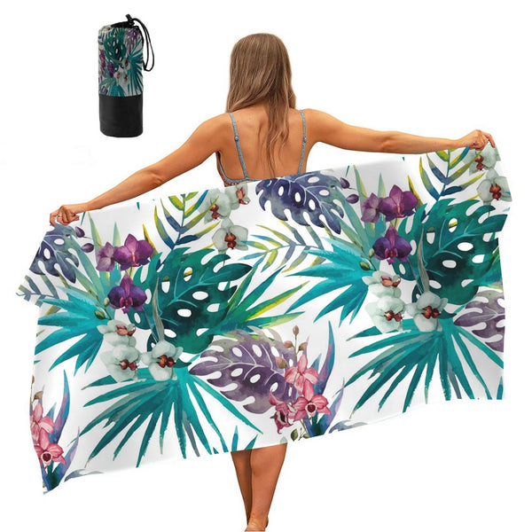 Tropical Leaves Printed Quick Dry Beach Towel Sand Free Beach Blanket 80 x 160cm Beach Mat with Storage Bag
