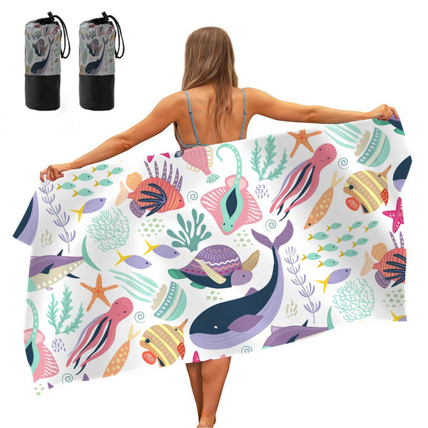 2 X Animals Printed Quick Dry Beach Towels Sand Free Beach Blankets 80 x 160cm Beach Mats with Storage Bags