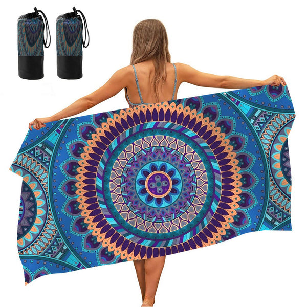 2 X Blue Mandala Printed Quick Dry Beach Towels Sand Free Beach Blankets 80 x 160cm Beach Mats with Storage Bags