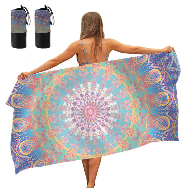 2 X Purple Mandala Printed Quick Dry Beach Towels Sand Free Beach Blankets 80 x 160cm Beach Mats with Storage Bags