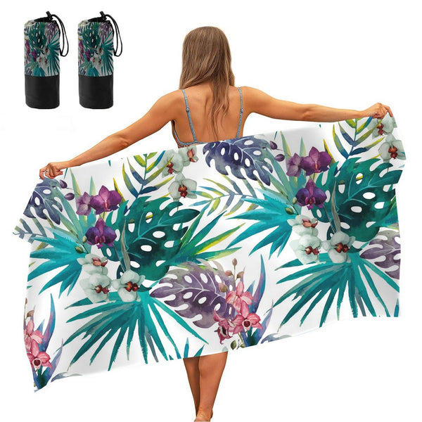 2 X Tropical Leaves Printed Quick Dry Beach Towels Sand Free Beach Blankets 80 x 160cm Beach Mats with Storage Bags