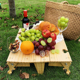 2in1 Portable Wooden Folding Picnic Table Storage Basket with Wine Glass Holder