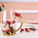 Red Butterfly Flower Enamel Tea Cup Glass Coffee Mug with Spoon