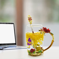 Red Butterfly Flower Enamel Tea Cup Glass Coffee Mug with Spoon