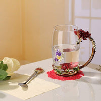 Red Butterfly Flower Enamel Tea Cup Glass Coffee Mug with Spoon