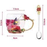 Red Butterfly Flower Enamel Tea Cup Glass Coffee Mug with Spoon