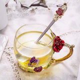 Red Butterfly Flower Enamel Tea Cup Glass Coffee Mug with Spoon