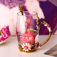 Gold chrysanthemum Flower Enamel Tea Cup Glass Coffee Mug with Spoon