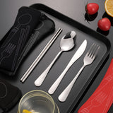 4 Pcs Cutlery Travel Fork Portable Bag Stainless Steel Spoon Chopstick Set