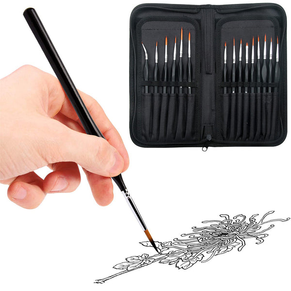 15Pcs Detail Paint Brush Set with Brush Bag for Watercolor Oil Painting