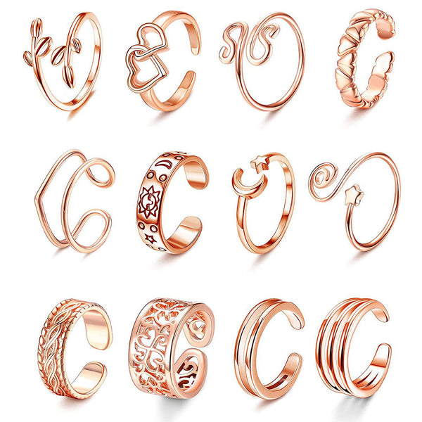 12PCS Open Ring Open Finger Ring Adjustable Toe Rings for Women Girls Rose gold