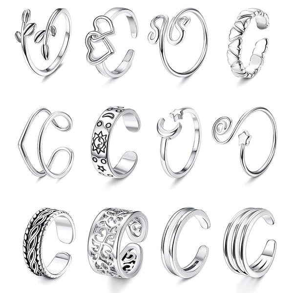 12PCS Open Ring Open Finger Ring Adjustable Toe Rings for Women Girls Silver