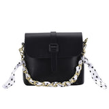 PU Leather Crossbody Bag Shoulder Bag Chain Handbag Tied Scarf Chain Handbag Black