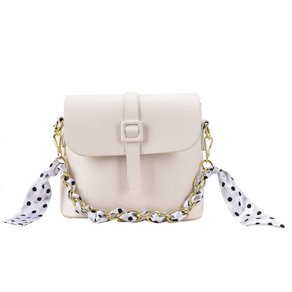 PU Leather Crossbody Bag Shoulder Bag Chain Handbag Tied Scarf Chain Handbag White