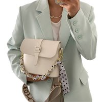 PU Leather Crossbody Bag Shoulder Bag Chain Handbag Tied Scarf Chain Handbag White