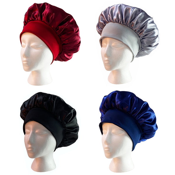 4pcs Solid Color Women Satin Sleeping Cap Wrap Hair Bonnet Elastic Headwear