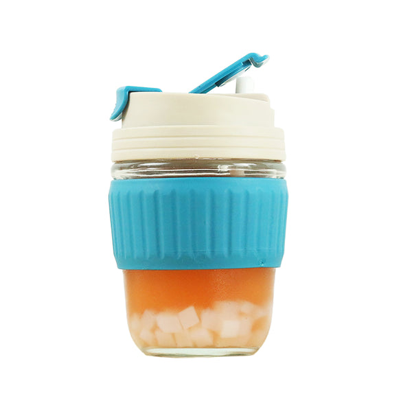 350ml Glass Straw Cups with Silicone Protective Sleeve Blue