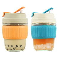 2 Pcs 350ml Glass Straw Cups with Silicone Protective Sleeve Orange and Blue