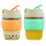 2 Pcs 350ml Glass Straw Cups with Silicone Protective Sleeve Orange and Green