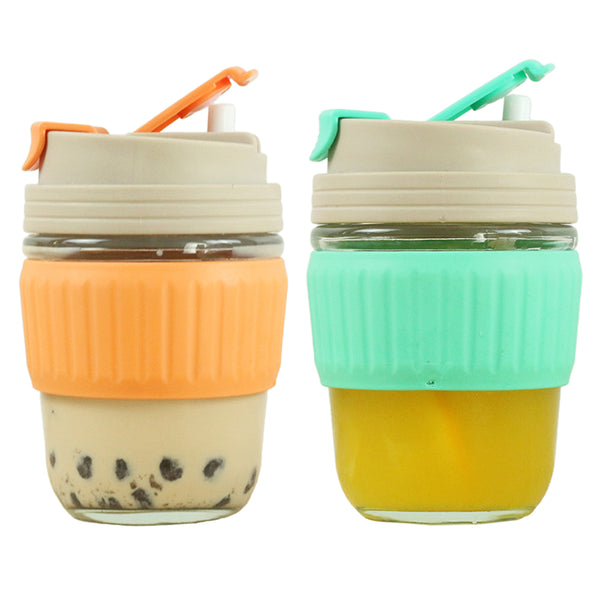 2 Pcs 350ml Glass Straw Cups with Silicone Protective Sleeve Orange and Green